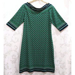 Boat Neck Clover Medallion Print Striped Dress M Elbow Sleeves Stretch Mod Green